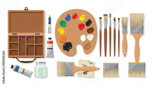 A set of artistic painting supplies including brushes and paints in a wooden case isolated on white background