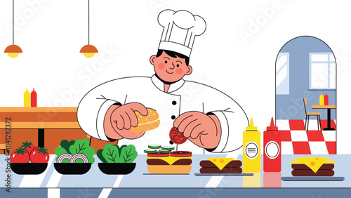 Chef assembling gourmet burger with fresh toppings. Modern flat vector culinary illustration in clean solid tones
