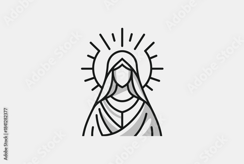Minimalist line art illustration of a religious female figure with a radiant halo, depicting a saint or the Virgin Mary in a modern style.