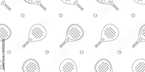 Black and white seamless padel rackets and balls pattern.Padel equipment repeat cover ornament.Line art, ink, minimalist.Wallpapers,wrapping paper,active lifestyle branding.Vector illustration EPS10