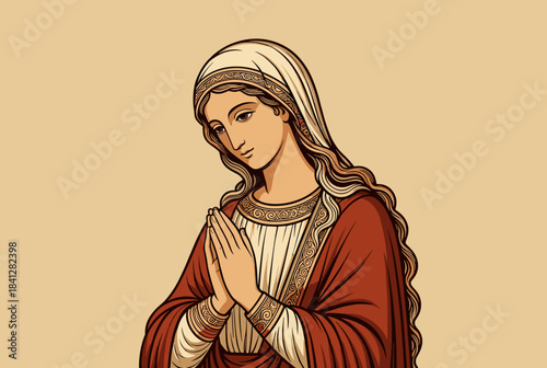 A stylized illustration of a woman with long hair and a head covering, hands clasped in prayer or contemplation, against a plain background.