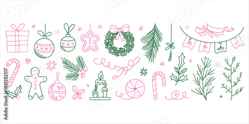 Pink And Green Hand Drawn Christmas Elements With Gifts Wreath And Ornaments xmas holiday