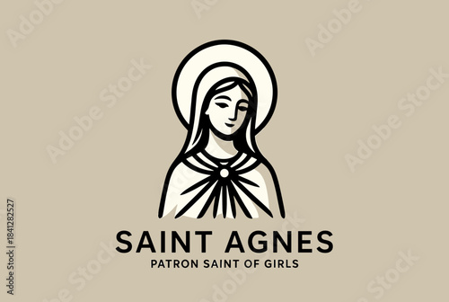 A minimalist line art illustration of Saint Agnes, patron saint of girls, with a halo.