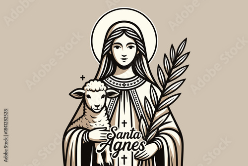 Stylized illustration of Saint Agnes holding a lamb and a palm branch, with a halo, in a monochromatic art style.