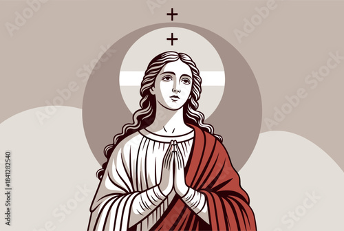 Stylized illustration of a praying woman with a halo and crosses, depicting a religious figure in a serene pose.