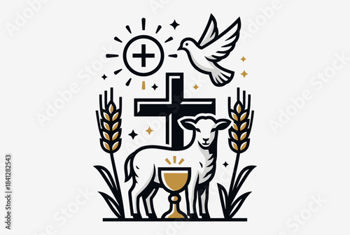 Christian religious symbols illustration featuring a cross, lamb, dove, host, chalice, and wheat stalks, representing faith and communion.