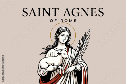 Illustration of Saint Agnes of Rome, a young woman with a halo holding a lamb and a palm frond, against a light background.