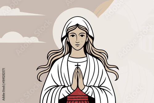 A detailed illustration of the Virgin Mary with a halo, hands clasped in prayer, wearing a white veil and robe.