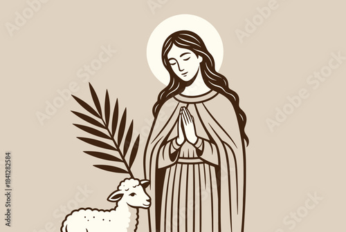 Illustration of a female saint with a halo, praying hands, a lamb, and a palm branch in a monochrome style.