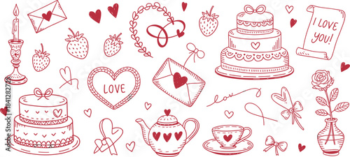 Romantic Valentine S Day Doodle Elements With Cake Rose Teapot And Candle Keywords: valentine day, love, heart, cake, rose