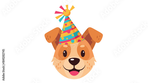 A cute cartoon dog wearing a colorful party hat on its head isolated on white background for birthday celebrations and fun