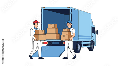 Two delivery workers in uniform carrying boxes out of a blue truck