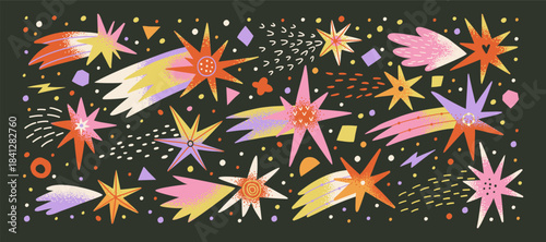 Shooting stars, comet, falling lights, twinkling. Space set. Stars shape with textures. Isolated elements, design templates. Hand drawn vector illustration