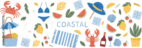 Vibrant Coastal Summer Beach Elements And Text With Crab Lobster And Hat vector illustration