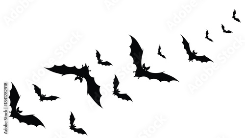 A flock of bats flying together in the air isolated on white background