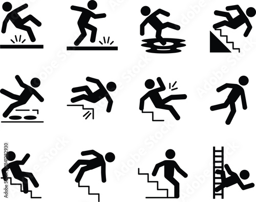 Warning Icons Illustrating Various Slipping And Falling Hazards tripping danger