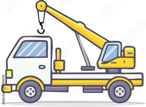 Heavy industrial construction vehicle: yellow hydraulic crane isolated on white with an accompanying toy truck