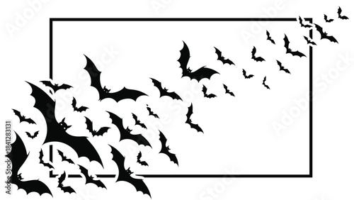 A large flock of bats flying out of a rectangular frame on a white background in a spooky scene