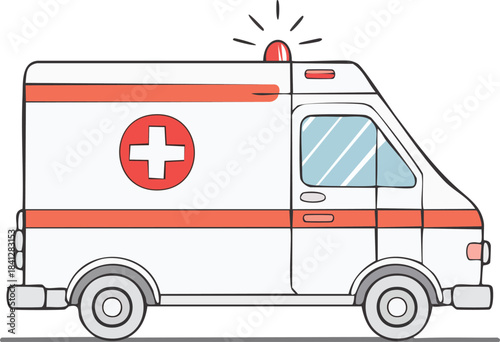 Vector cartoon illustration of an isolated white emergency ambulance car, first aid kit, and rescue transport vehicle icon