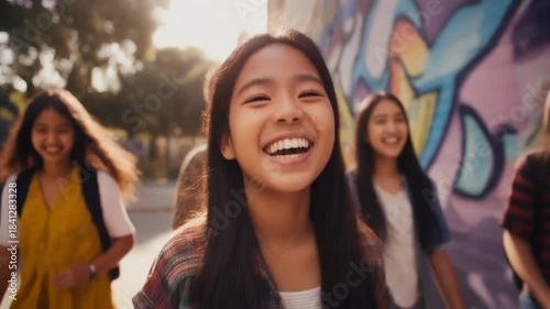 Close-up portrait of a young Asian woman laughing with friends in the background, standing in front of a colorful graffiti wall with a warm and joyful mood.