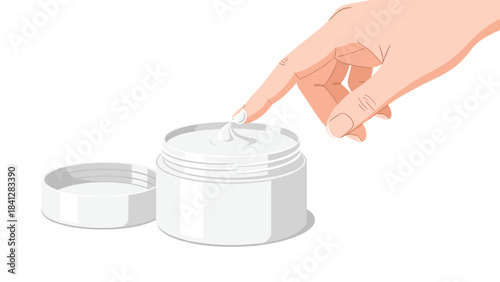 A hand dipping finger into an open jar of cream on a white background for skincare or beauty routine illustration