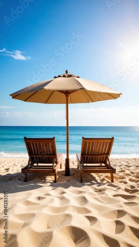 Wallpaper Mural Beach scene with two lounge chairs and a parasol under a clear blue sky and turquoise sea for vacation or relaxation Torontodigital.ca