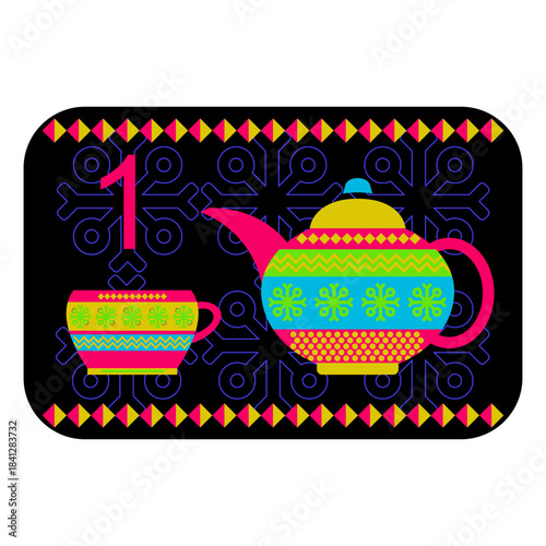 Neon colors Norwegian advent calendar illustration in flat vector style with celebrate symbol and ethnic ornament. Teapot and cup