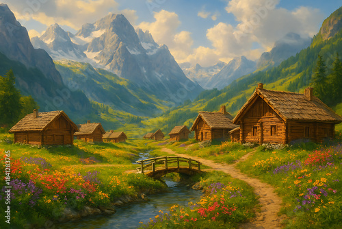 Idyllic alpine valley landscape with wooden cabins, lush green meadows, and snowcapped mountains