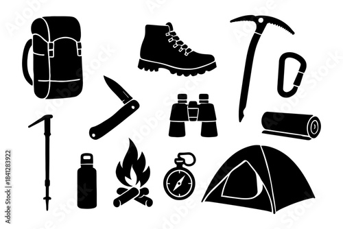 Outdoor adventure gear icons: backpack, tent, hiking boot, and camping equipment.