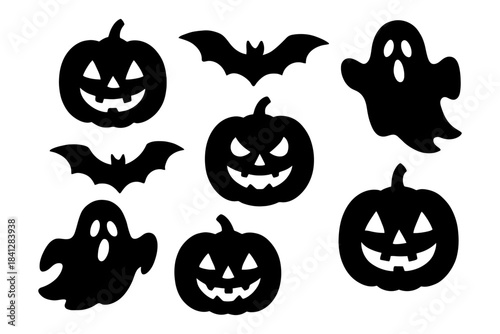 Halloween silhouettes: pumpkins, bats, and ghosts for spooky festivities.