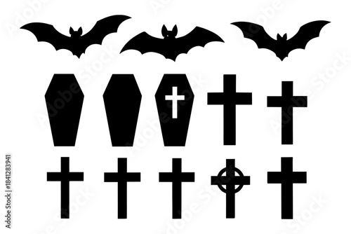 Halloween silhouette: bats, coffins, and crosses for spooky designs.