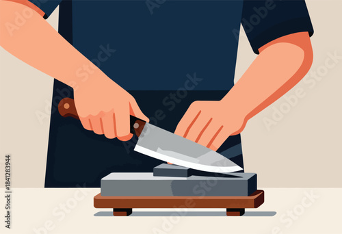 Person sharpening knife on whetstone