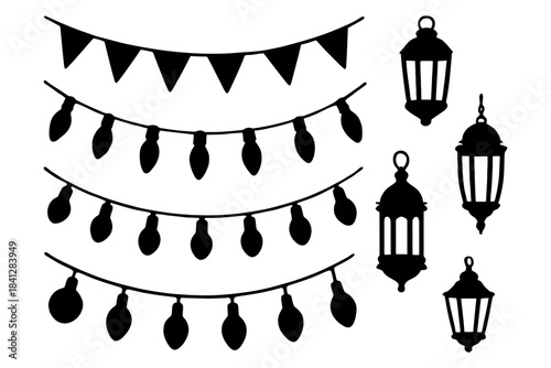 Festive string lights and lanterns silhouettes for holiday decorations.