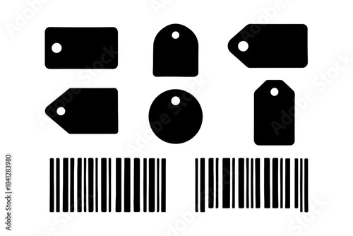 Assorted price tags and barcodes for retail and merchandise labeling.