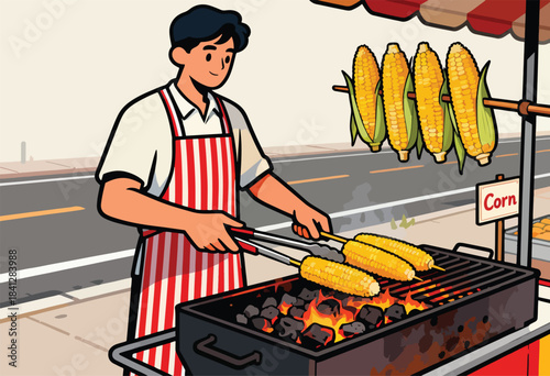 Vendor grills corn on the cob at a roadside stand with fresh corn hanging above