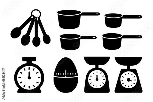 Silhouette kitchen tools: saucepans, measuring spoons, scales, timers.