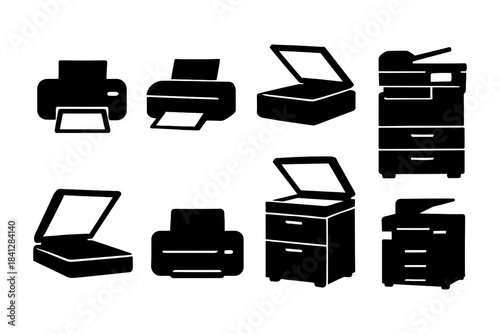 Silhouette set of printers and scanners in various positions.