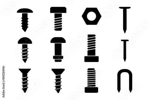 Assorted hardware icons: screws, bolts, nuts, nails, and staples silhouette set.