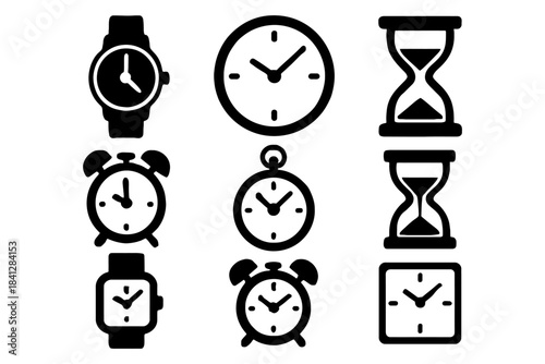 Icon set of clocks and hourglasses depicting various timekeeping devices.