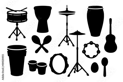 Silhouette of various musical instruments including drums, tambourine, and guitar.
