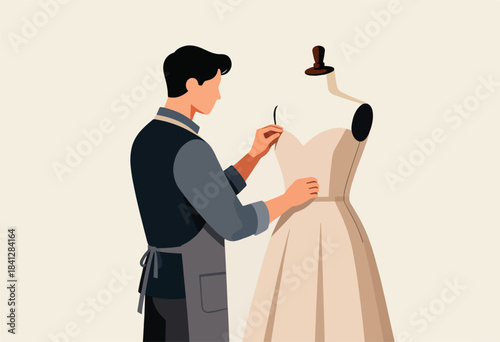 Person adjusting a dress on a mannequin