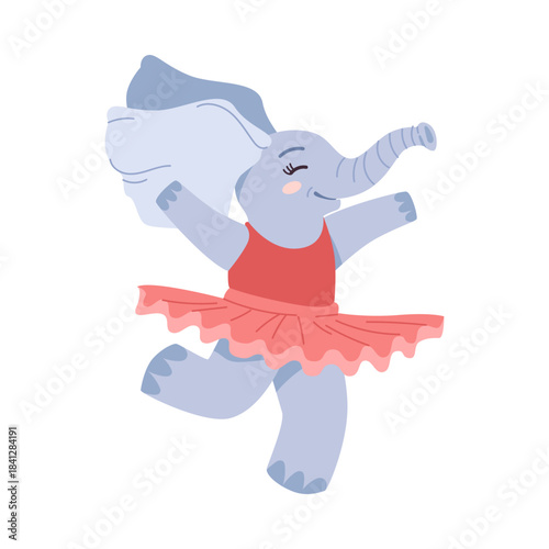 Adorable cartoon elephant wearing a pink tutu and dress, dancing joyfully with a happy expression, perfect for children’s designs, isolated on white background vector illustration
