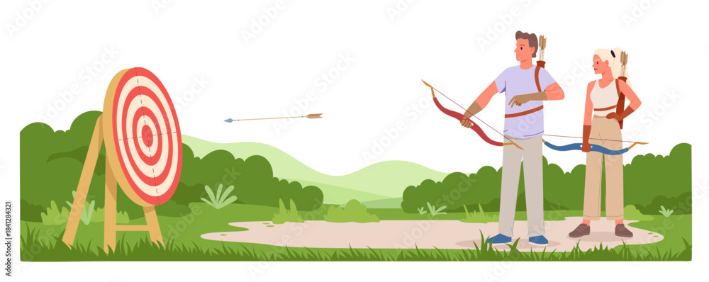 Fototapeta premium Man and woman shooting arrows at a target in an isolated outdoor setting vector illustration