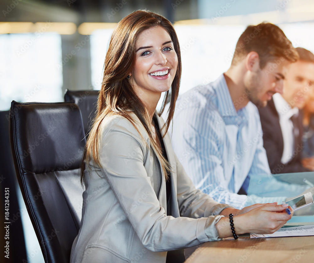 Fototapeta premium Portrait, meeting and team with business woman in office for legal, court case review and discussion. About us, witness report planning and collaboration with employees in law firm for settlement
