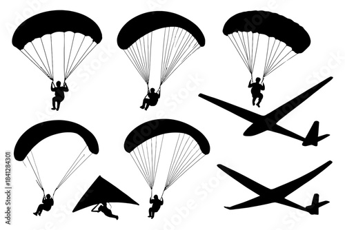 Silhouette collection: paragliders, hang gliders, and glider aircraft in flight.