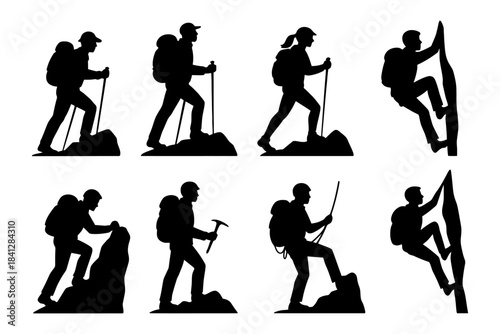Silhouettes of hikers and climbers engaged in mountain activities.