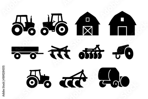 Silhouette icons of tractors, barns, and farming equipment illustrations.