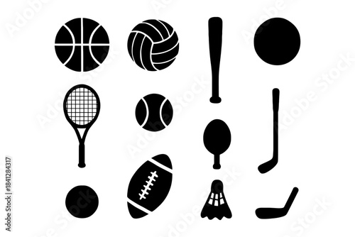 Collection of silhouette sports equipment icons for various games.