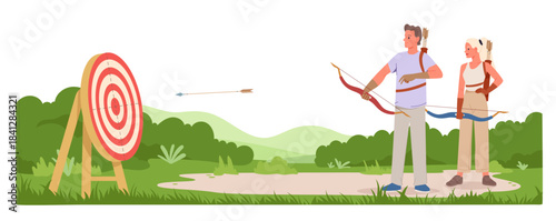 Man and woman shooting arrows at a target in an isolated outdoor setting vector illustration
