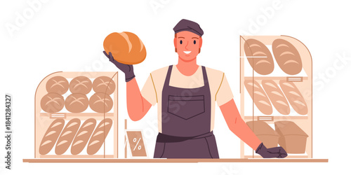 Friendly bakery seller presenting fresh bread behind counter with various loaves isolated vector illustration